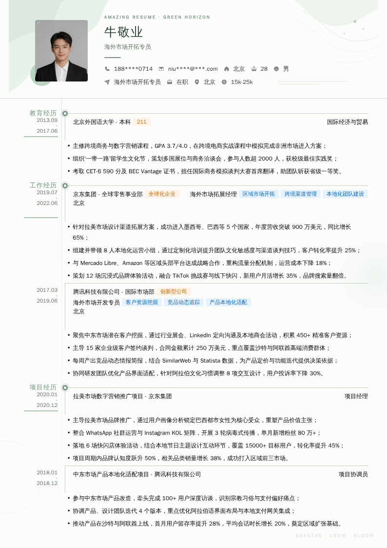 海外市场开拓专员简历模板