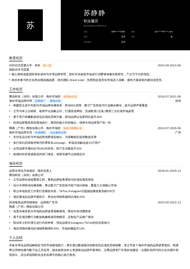 海外市场品牌经理简历模板