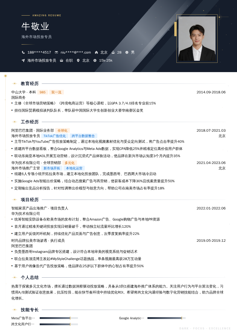 海外市场投放专员简历模板