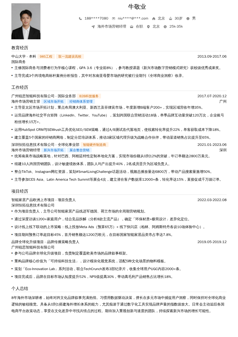 海外市场营销经理简历模板