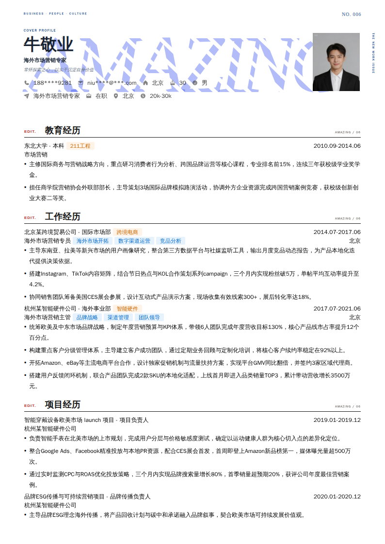 海外市场营销专家简历模板