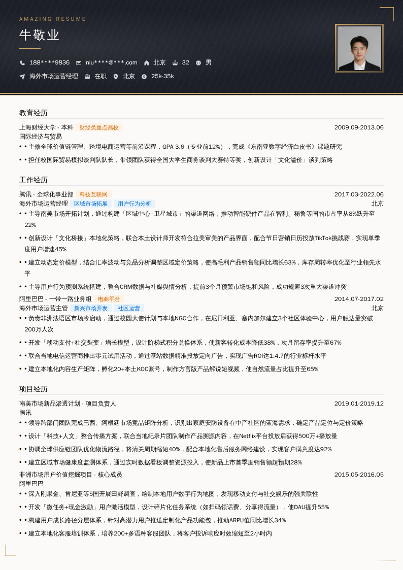 海外市场运营经理简历模板
