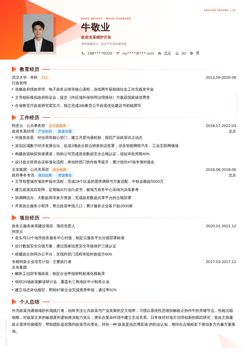 政府关系维护开发简历模板