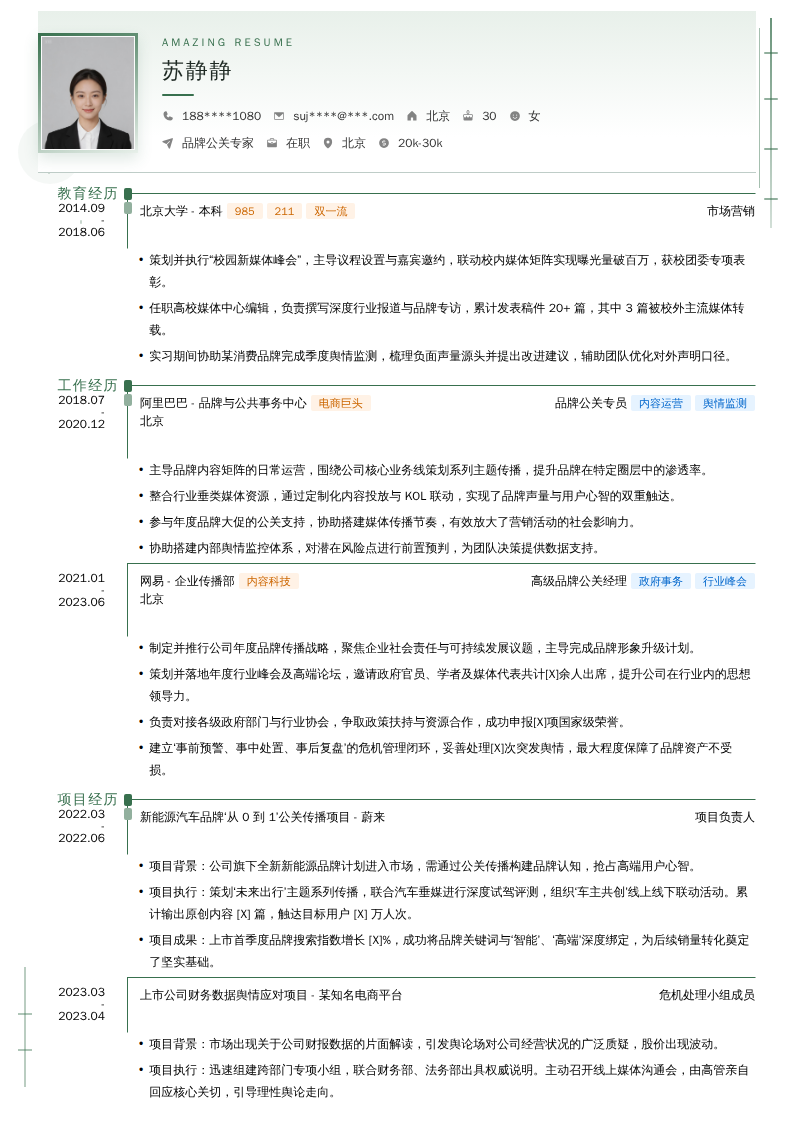 品牌公关专家简历模板