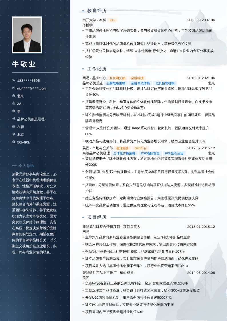 品牌公关副总经理简历模板