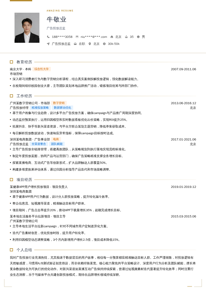 广告投放总监简历模板
