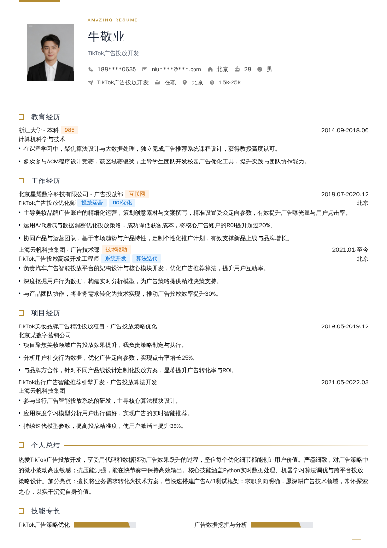 TikTok广告投放开发简历模板