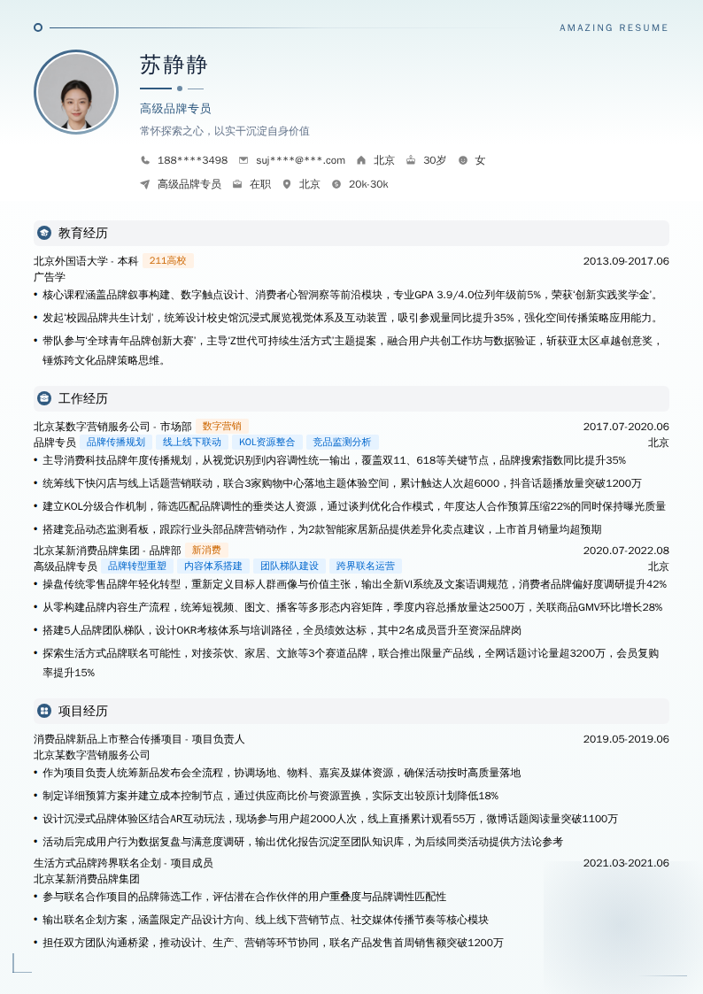 高级品牌专员简历模板