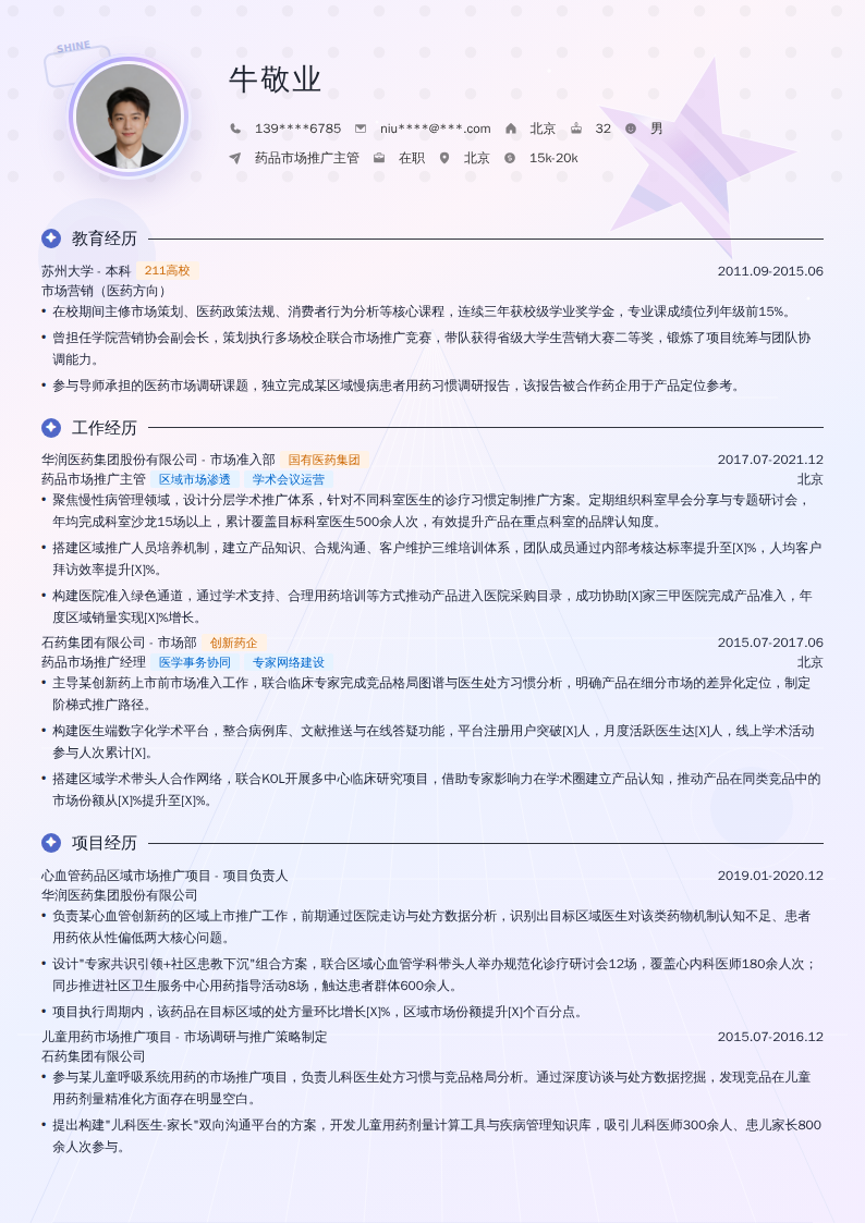 药品市场推广主管简历模板