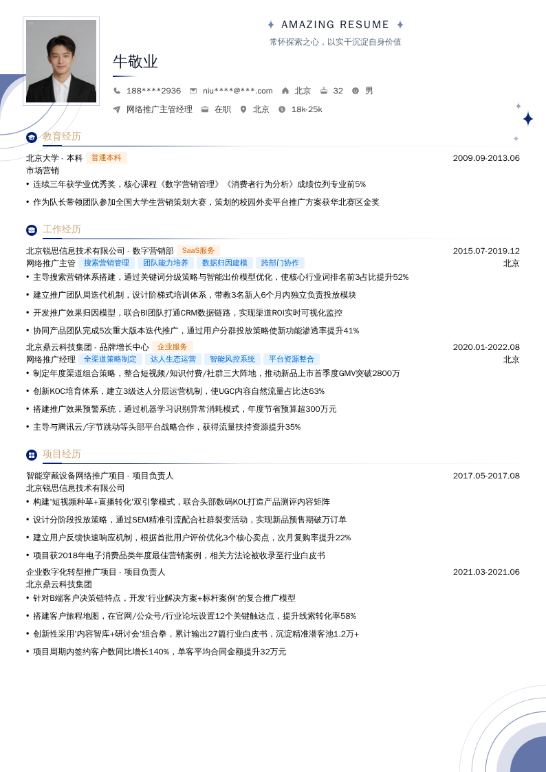 网络推广主管经理简历模板