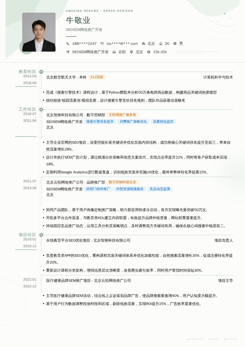 SEOSEM网络推广开发简历模板