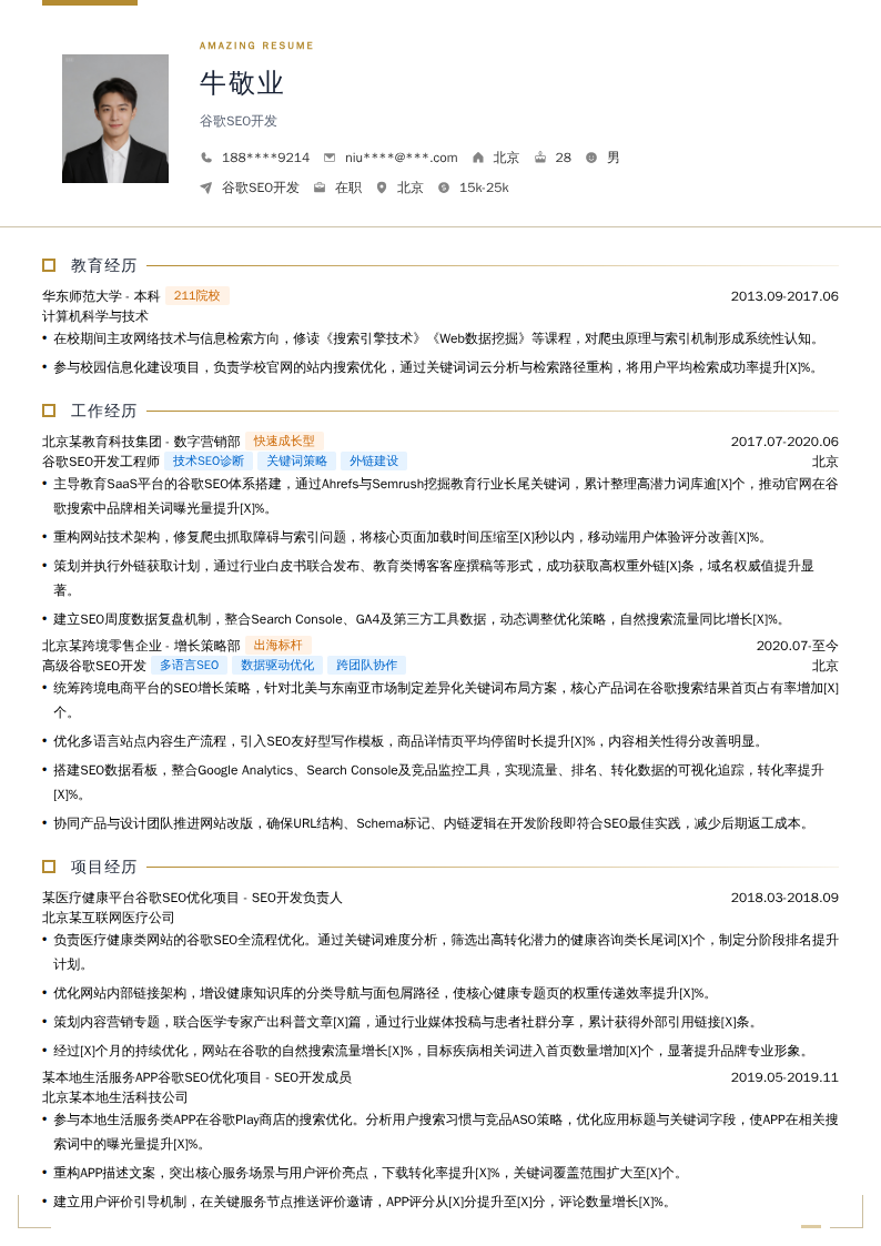 谷歌SEO开发简历模板