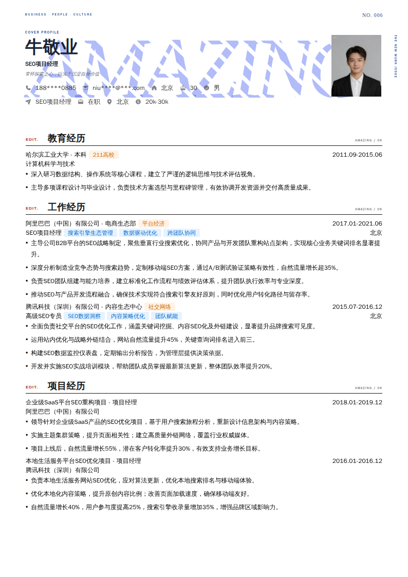 SEO项目经理简历模板