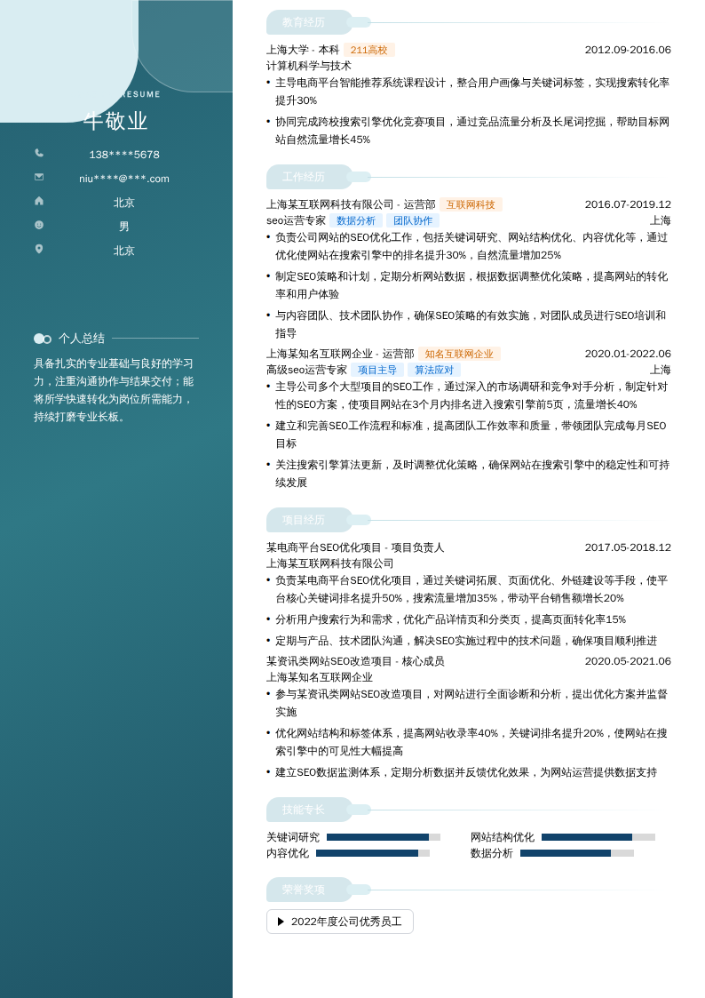 seo运营专家简历模板