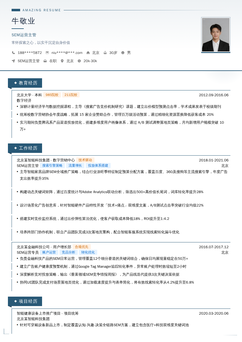 SEM运营主管简历模板