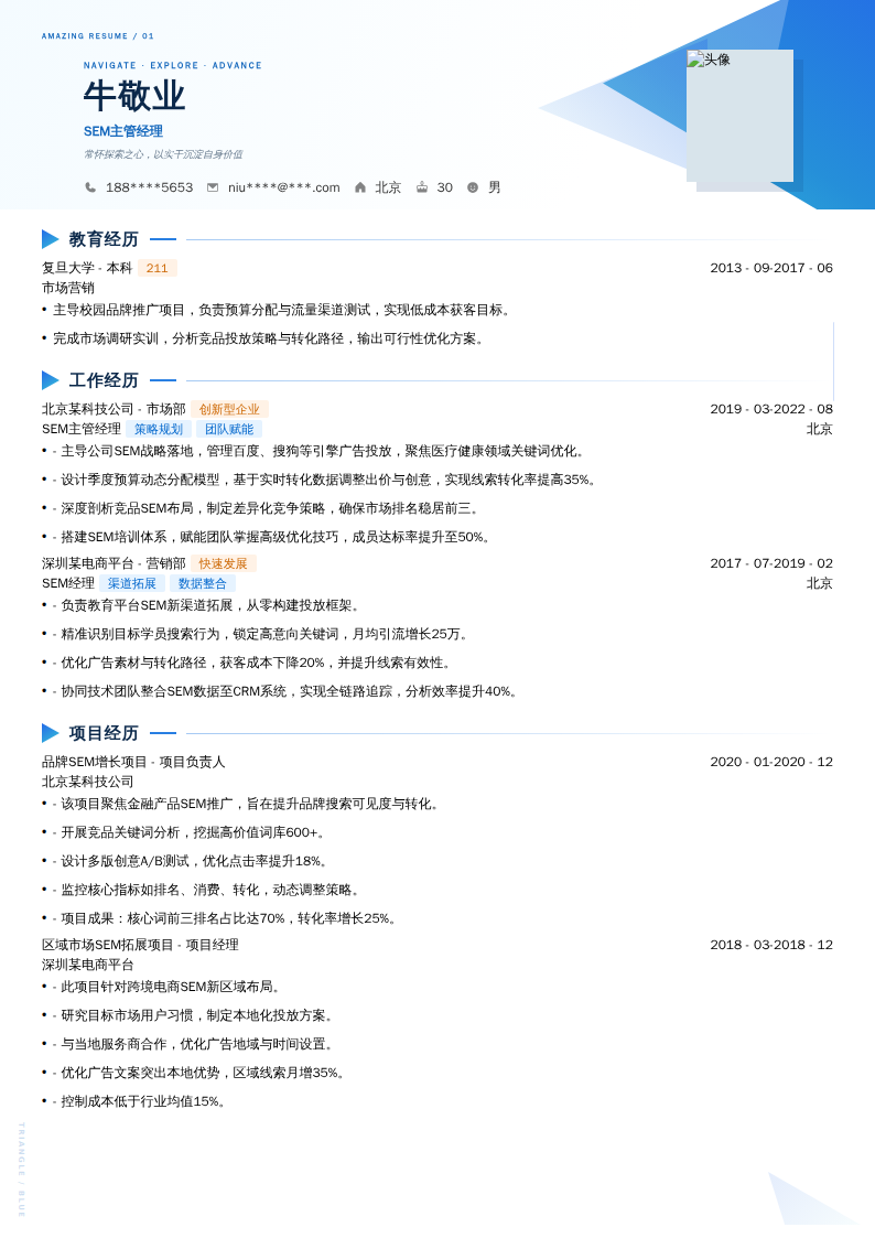 SEM主管经理简历模板