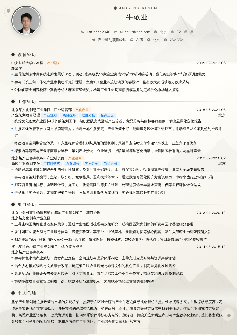产业策划项目经理简历模板