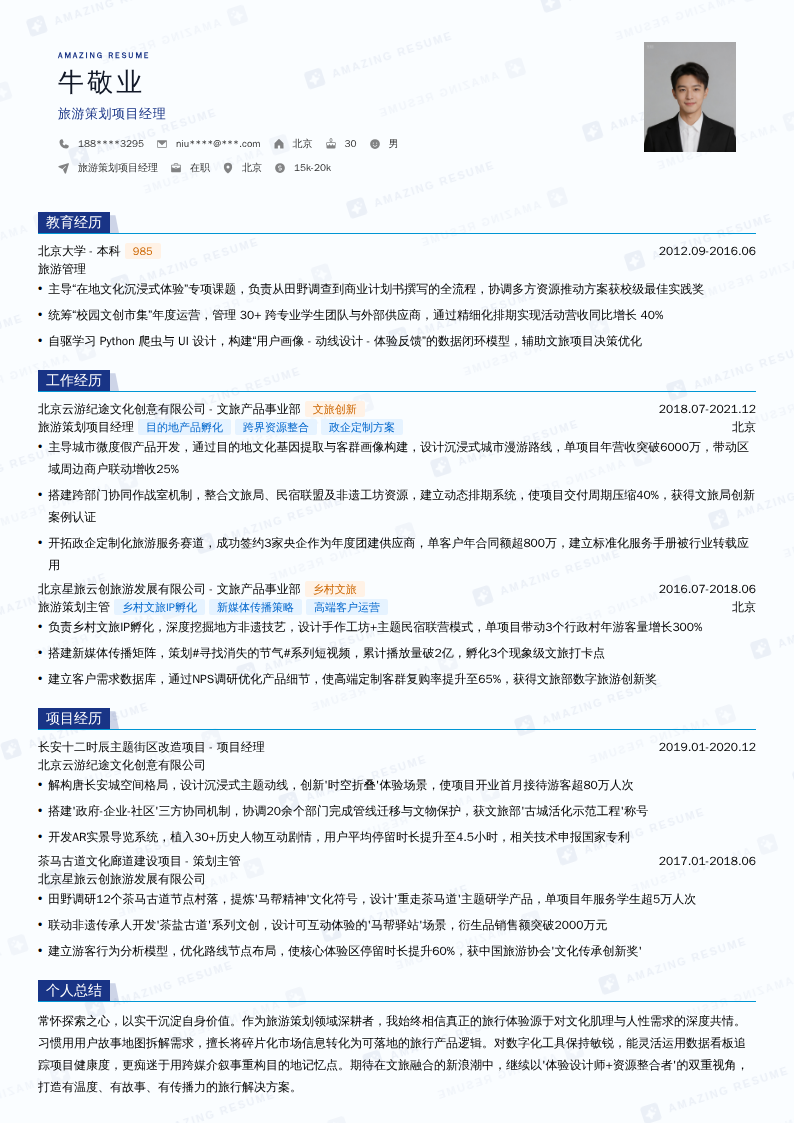旅游策划项目经理简历模板
