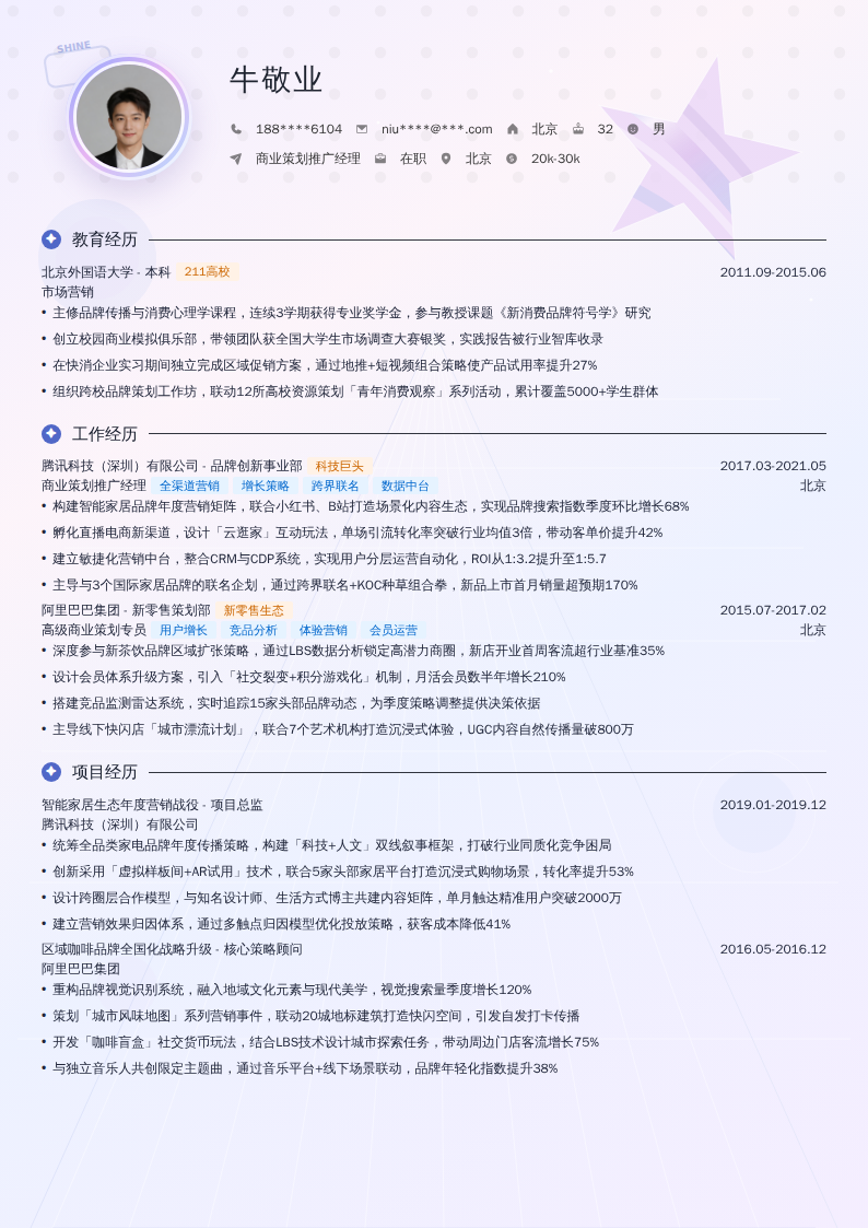 商业策划推广经理简历模板