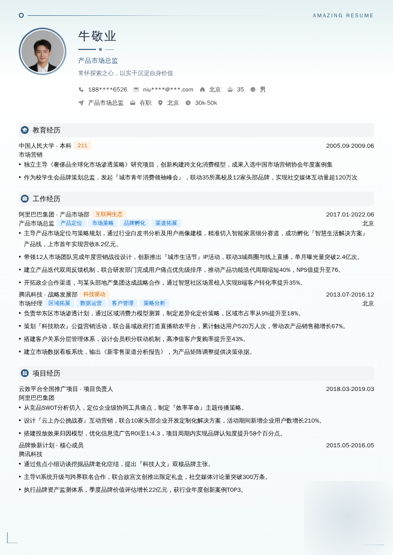 产品市场总监简历模板