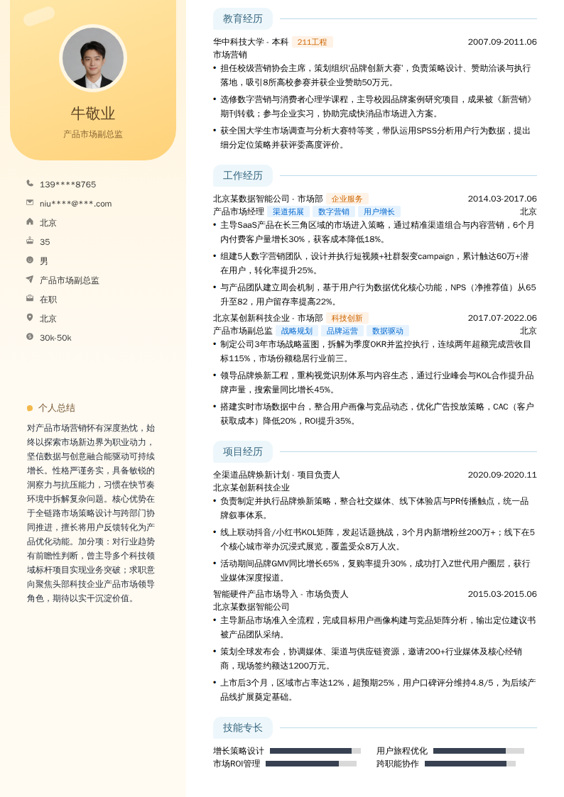产品市场副总监简历模板