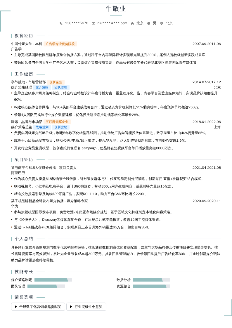 媒介策略总监简历模板