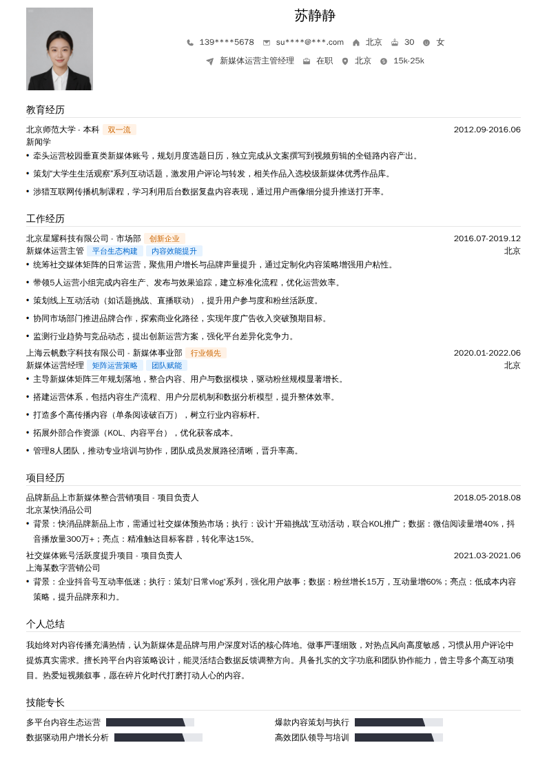 新媒体运营主管经理简历模板