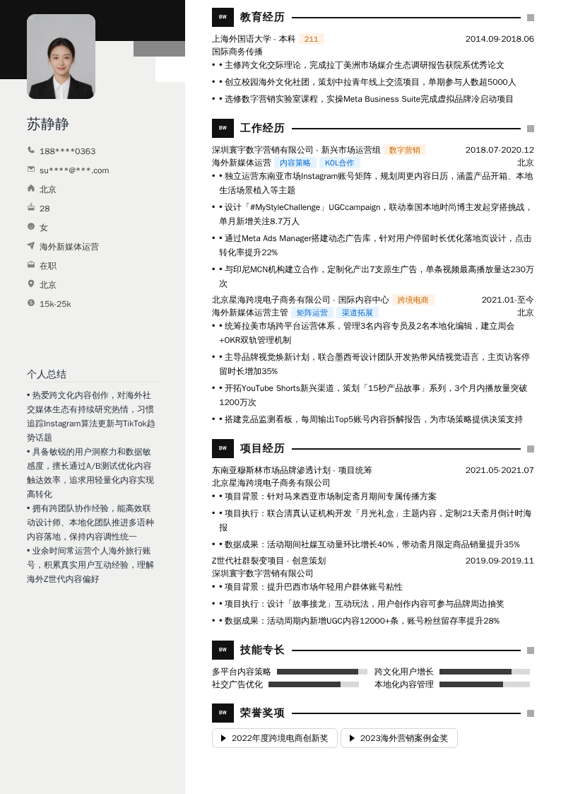 海外新媒体运营简历模板