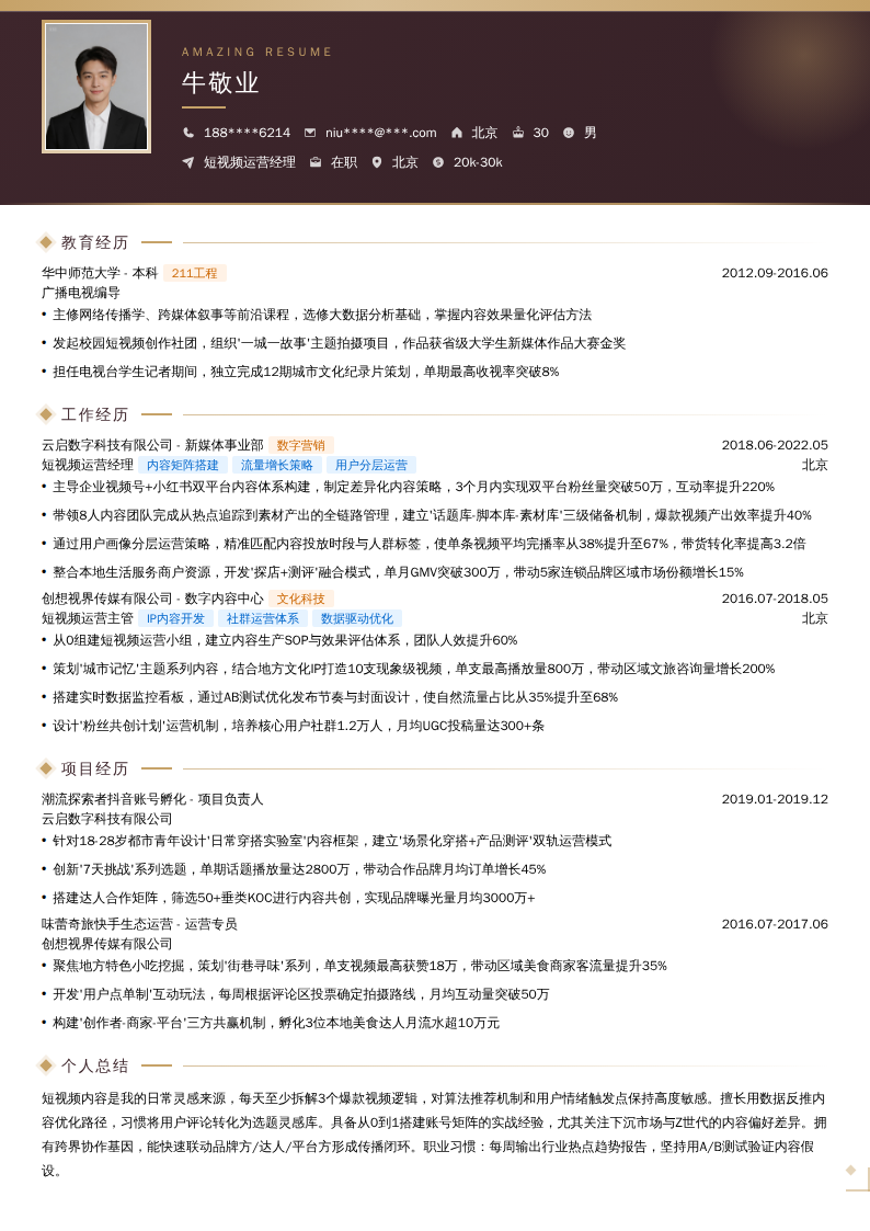 短视频运营经理简历模板