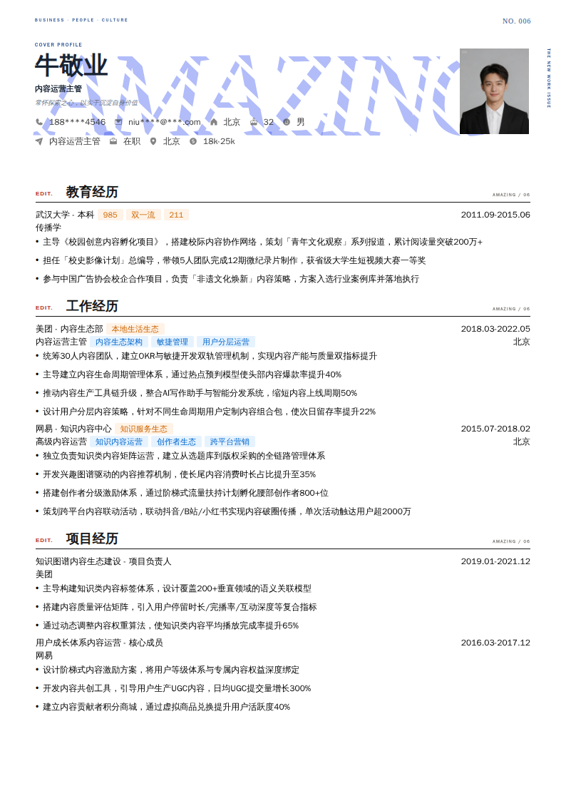 内容运营主管简历模板