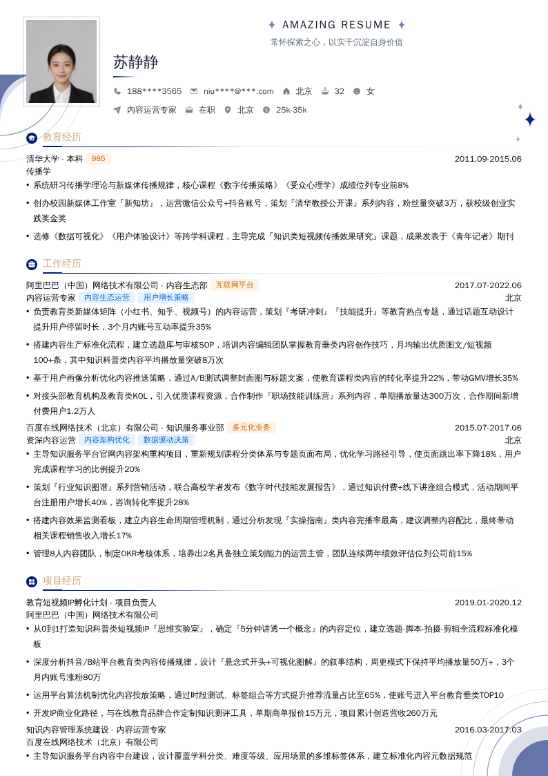 内容运营专家简历模板
