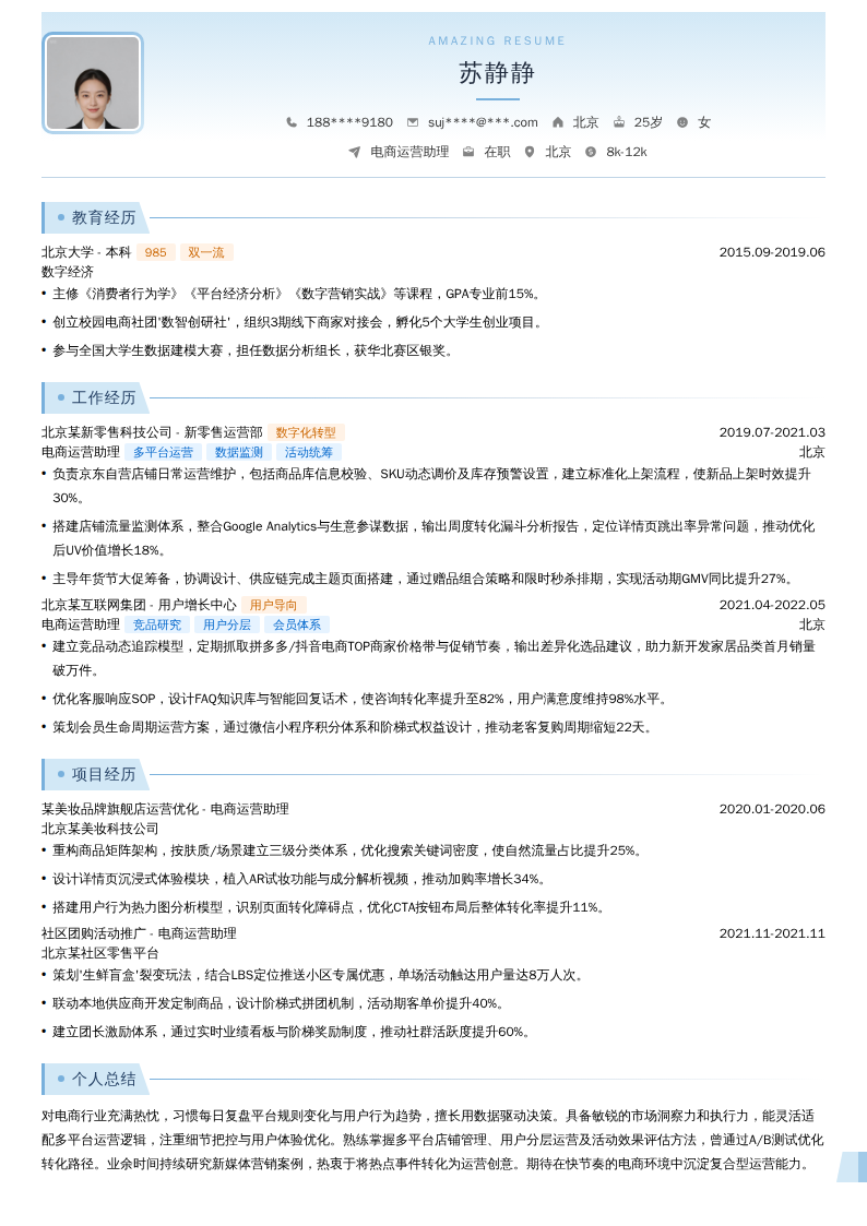 电商运营助理简历模板