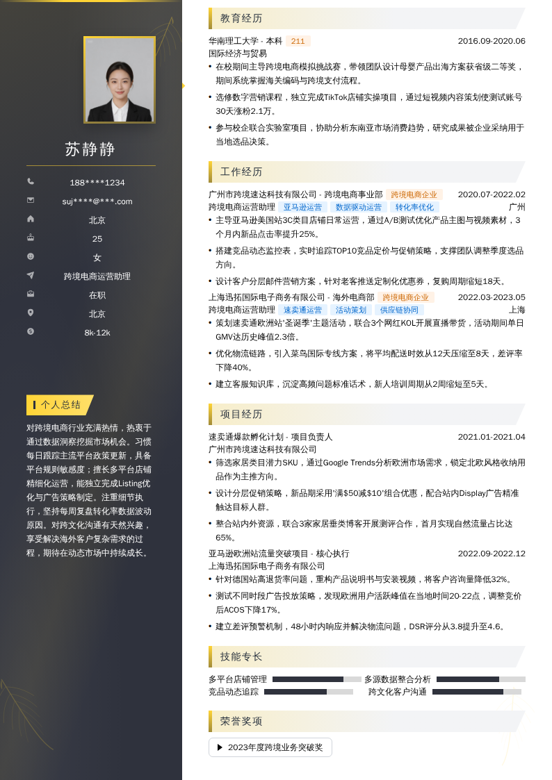 跨境电商运营助理简历模板