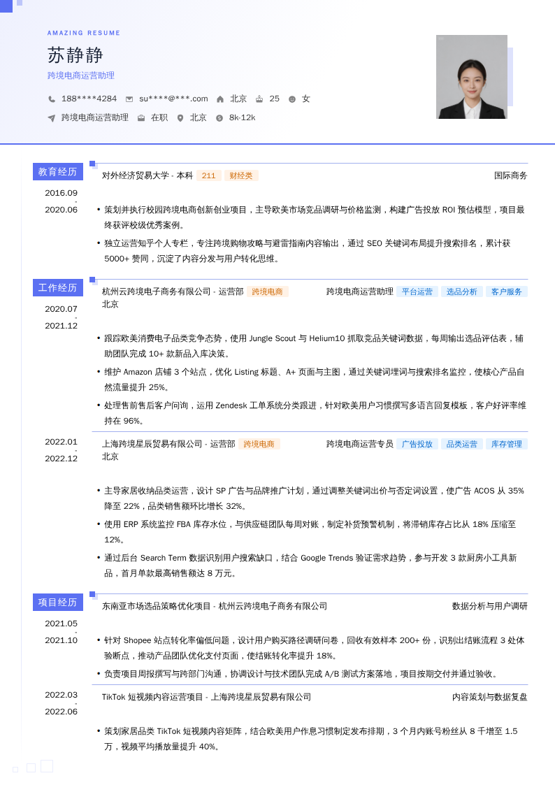 跨境电商运营助理简历模板