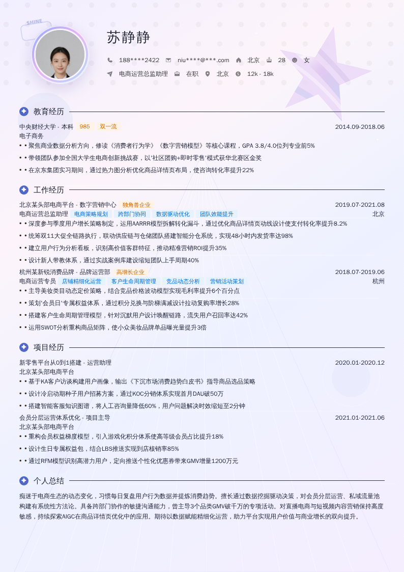 电商运营总监助理简历模板