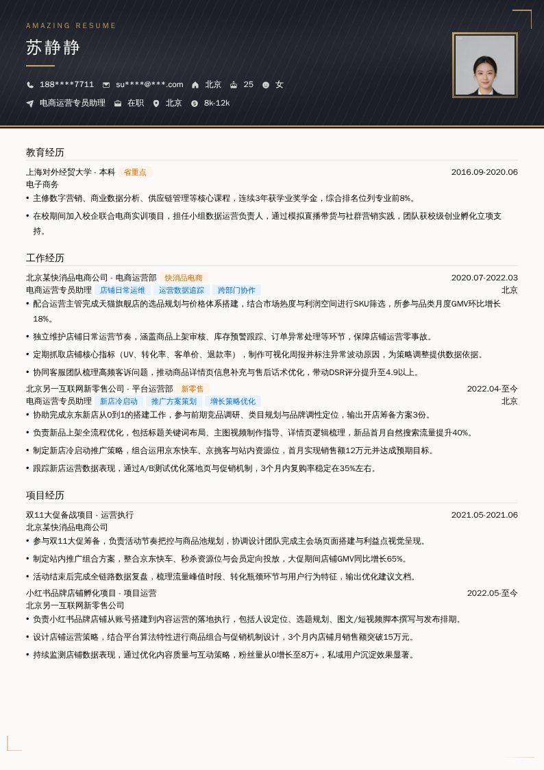 电商运营专员助理简历模板