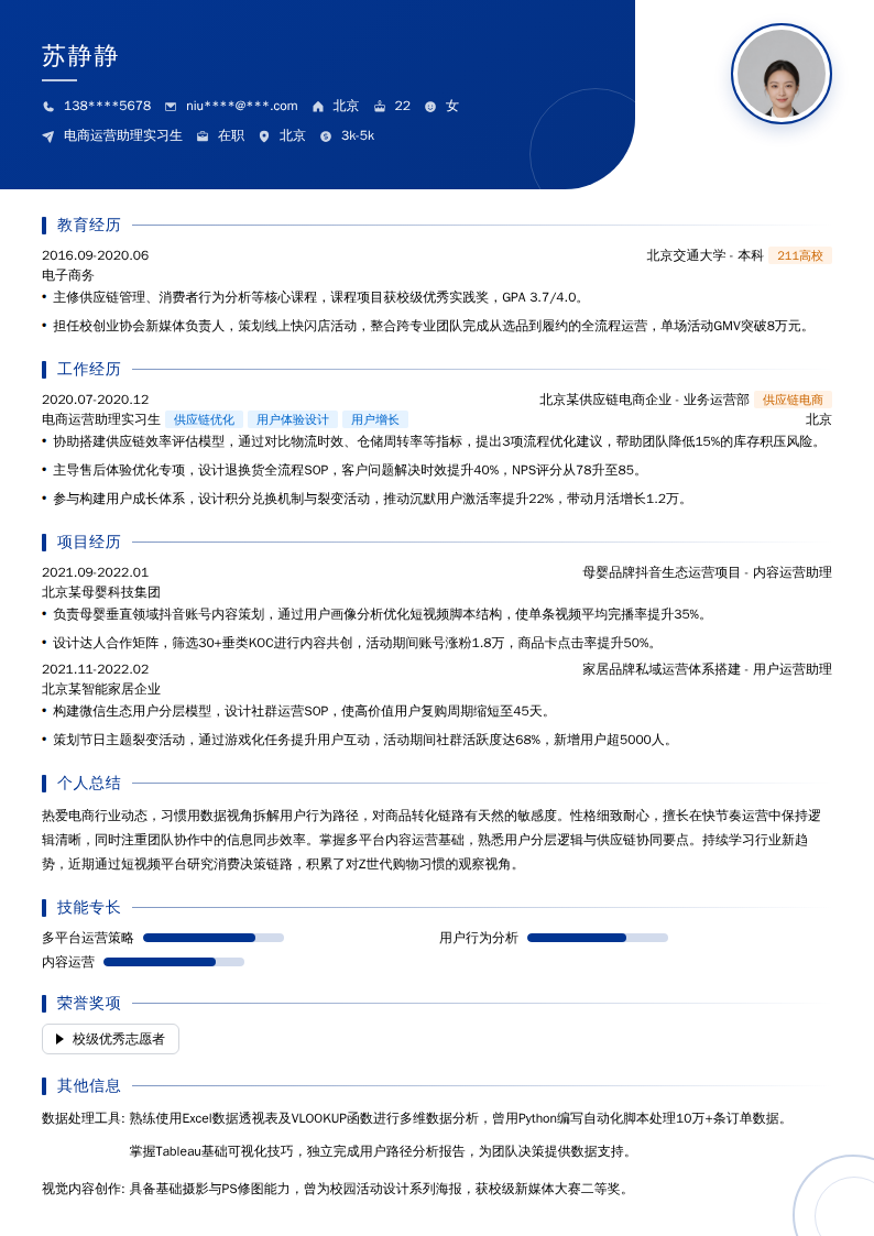 电商运营助理实习生简历模板