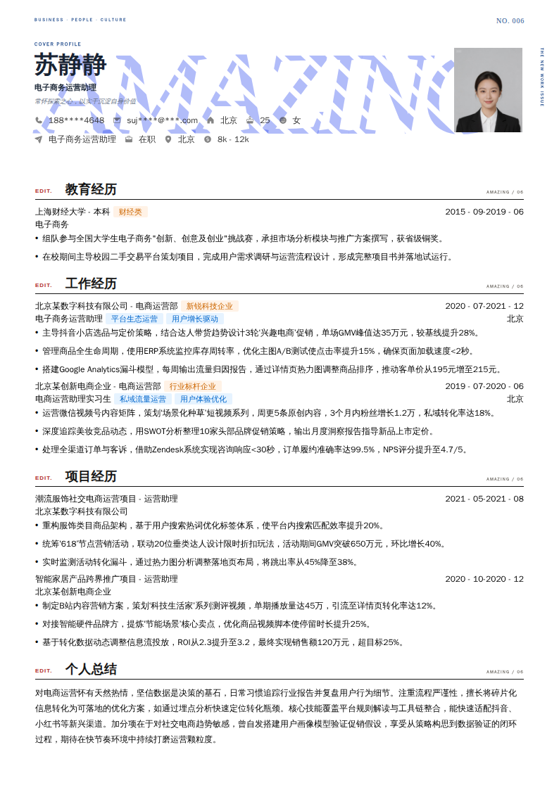 电子商务运营助理简历模板