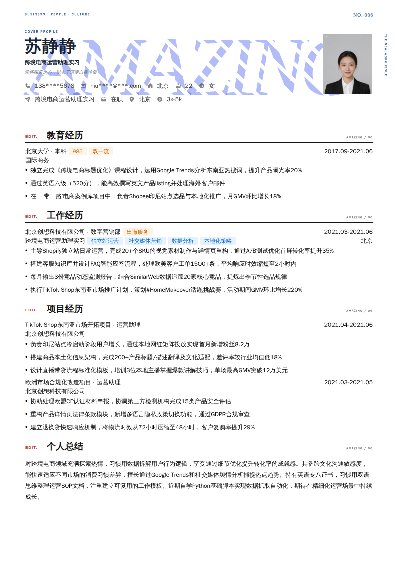 跨境电商运营助理实习简历模板