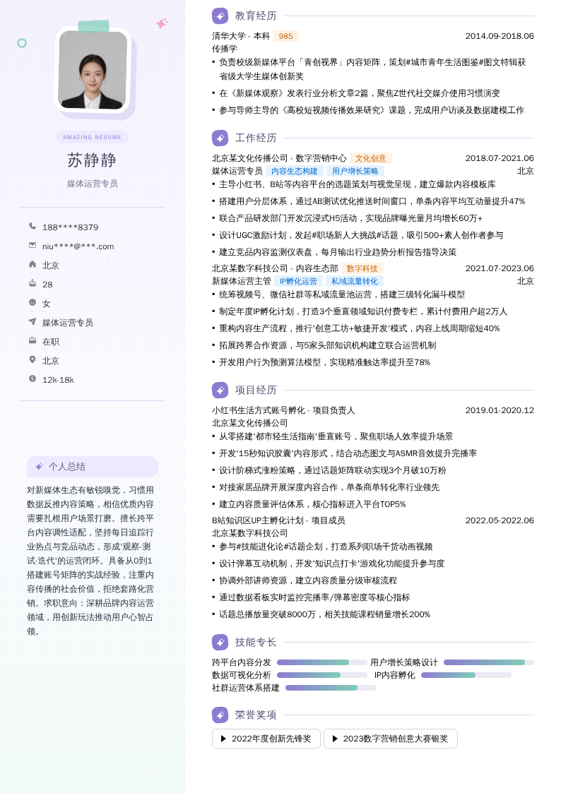 媒体运营专员简历模板