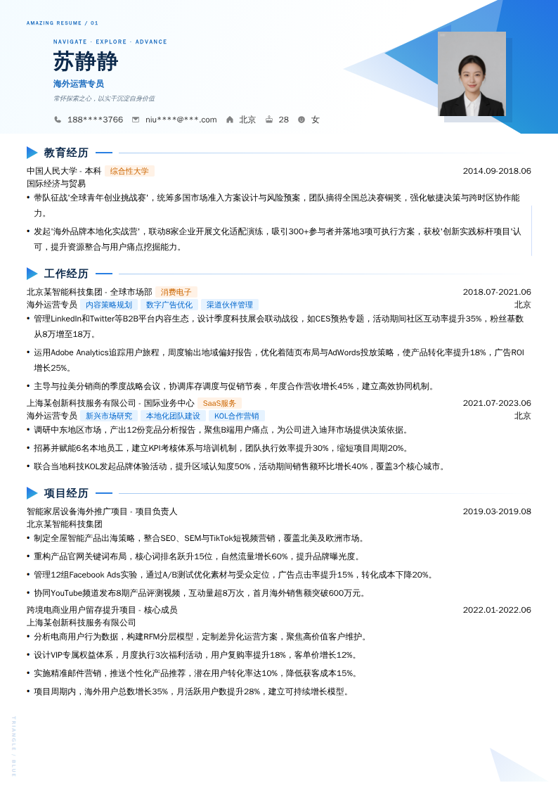 海外运营专员简历模板
