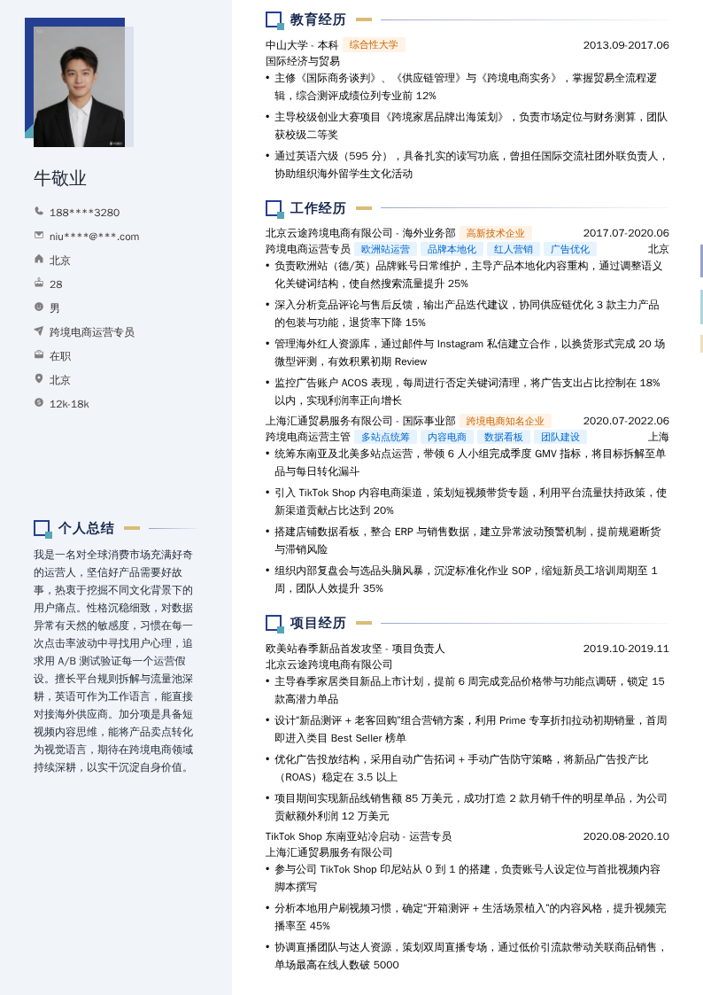 跨境电商运营专员简历模板