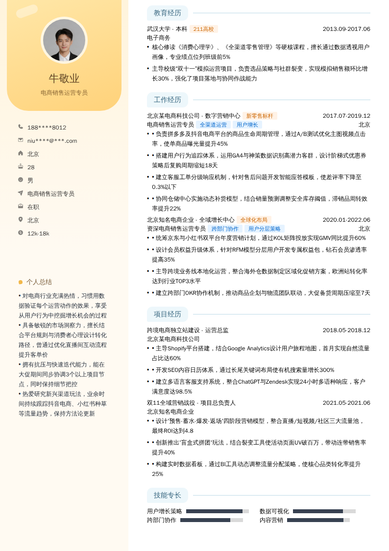 电商销售运营专员简历模板