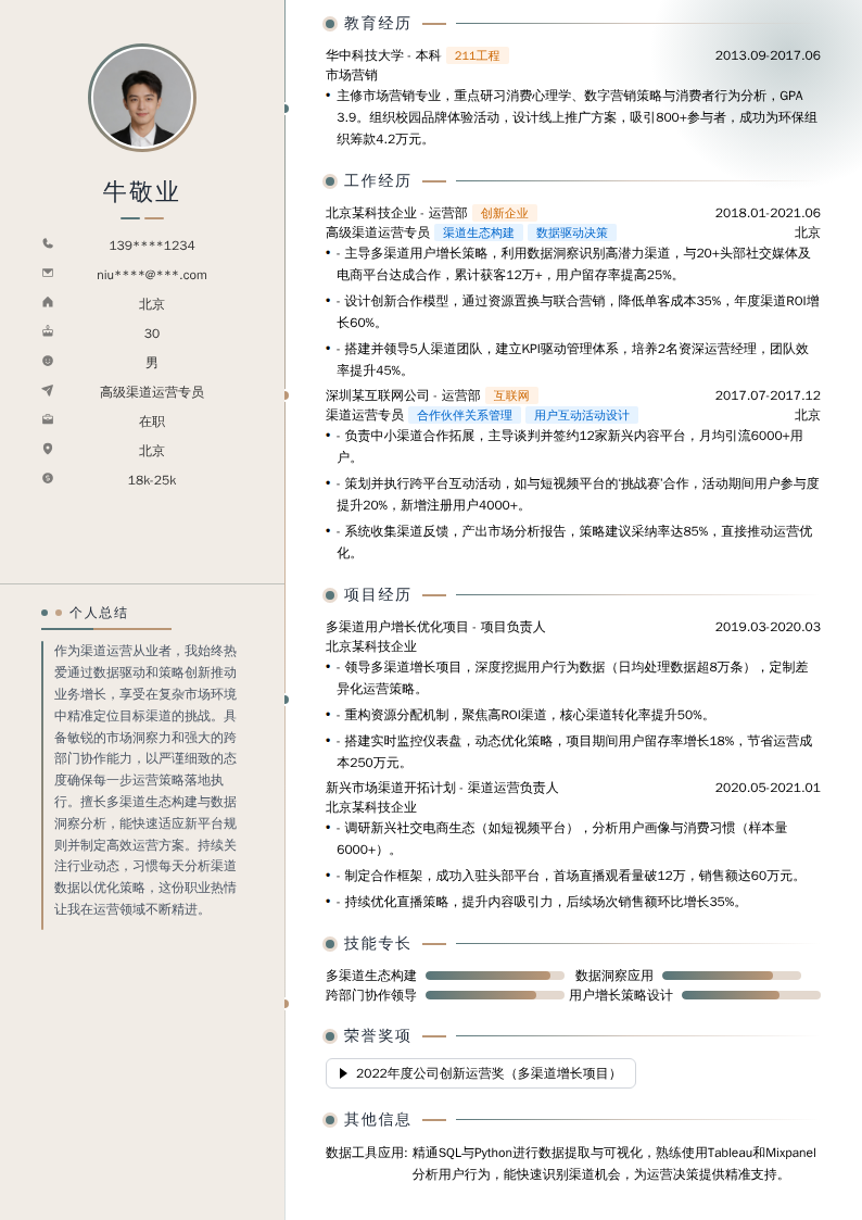 高级渠道运营专员简历模板