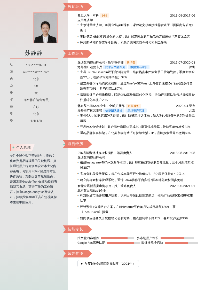 海外推广运营专员简历模板