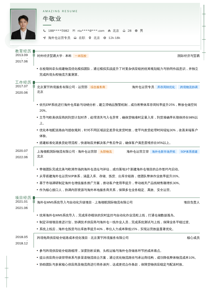 海外仓运营专员简历模板
