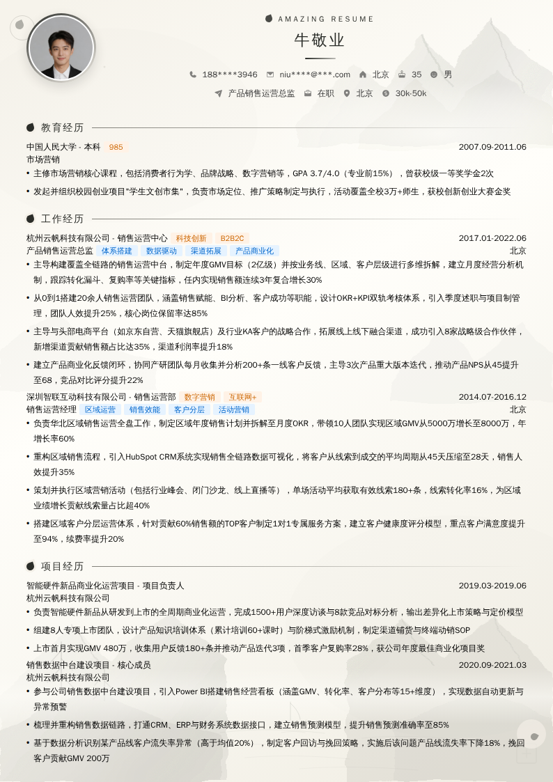 产品销售运营总监简历模板