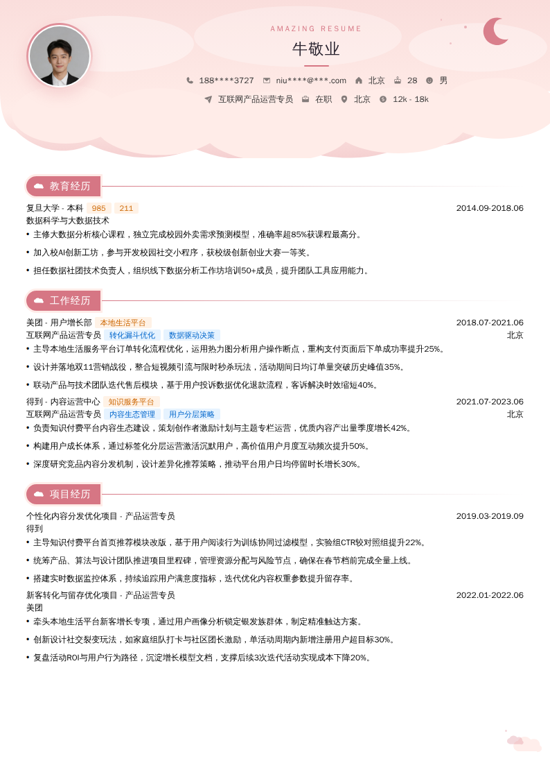 互联网产品运营专员简历模板