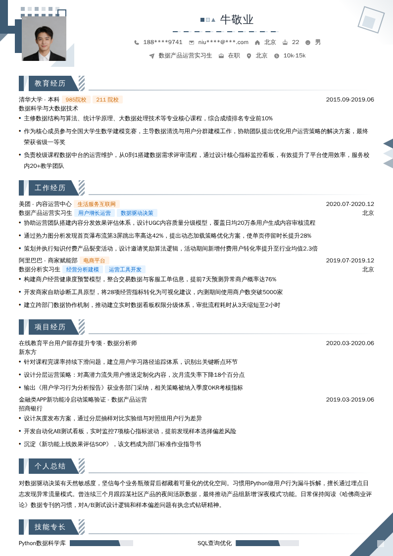 数据产品运营实习生简历模板