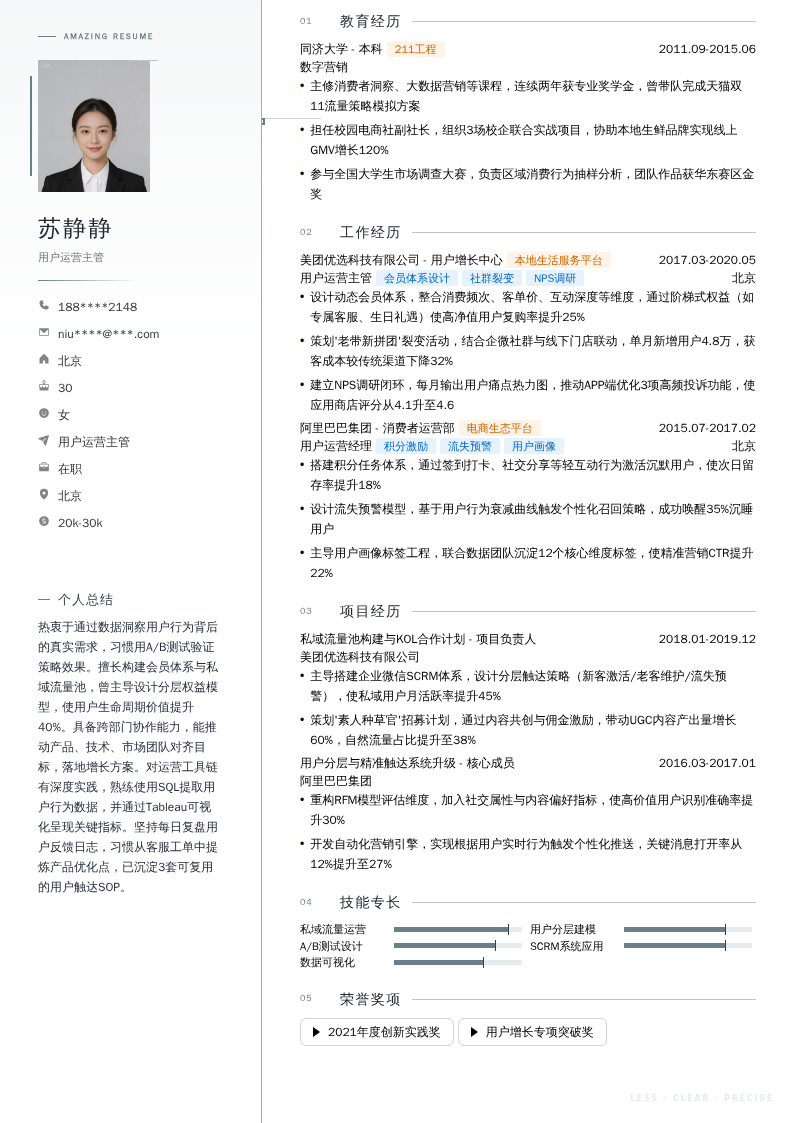 用户运营主管简历模板